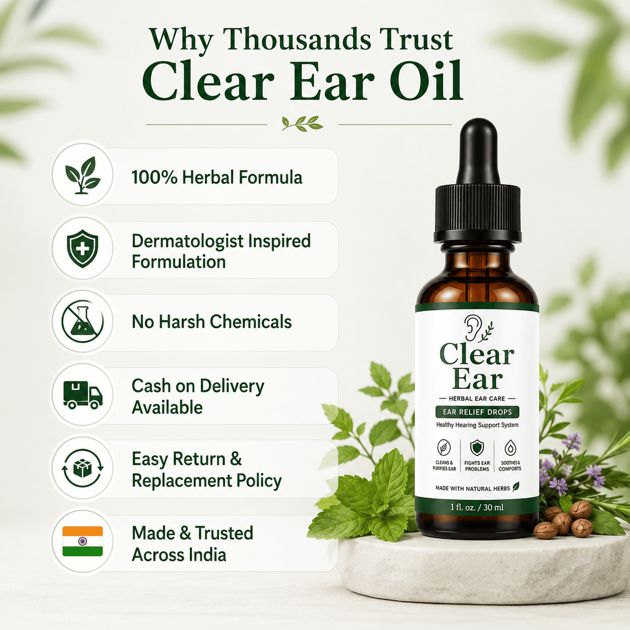 MD Clear Ear Oil — Complete 5-in-1 Herbal Ear Care, Backed by Nature
