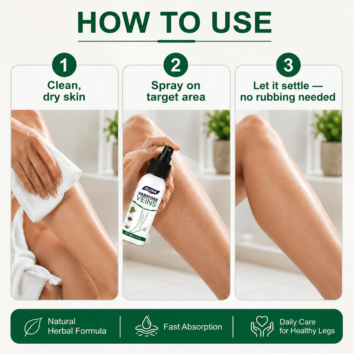 MD Varicose vein spray Targeted Care. Easy Application. Better Leg Comfort.