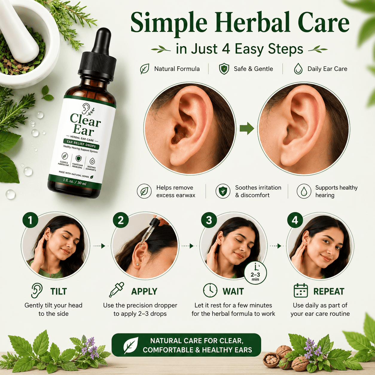 MD Clear Ear Oil — Complete 5-in-1 Herbal Ear Care, Backed by Nature